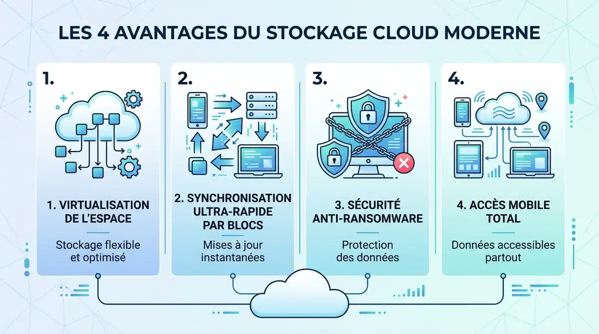 Infographie des 4 avantages du stockage cloud : virtualisation, synchronisation rapide, sécurité et accès mobile.