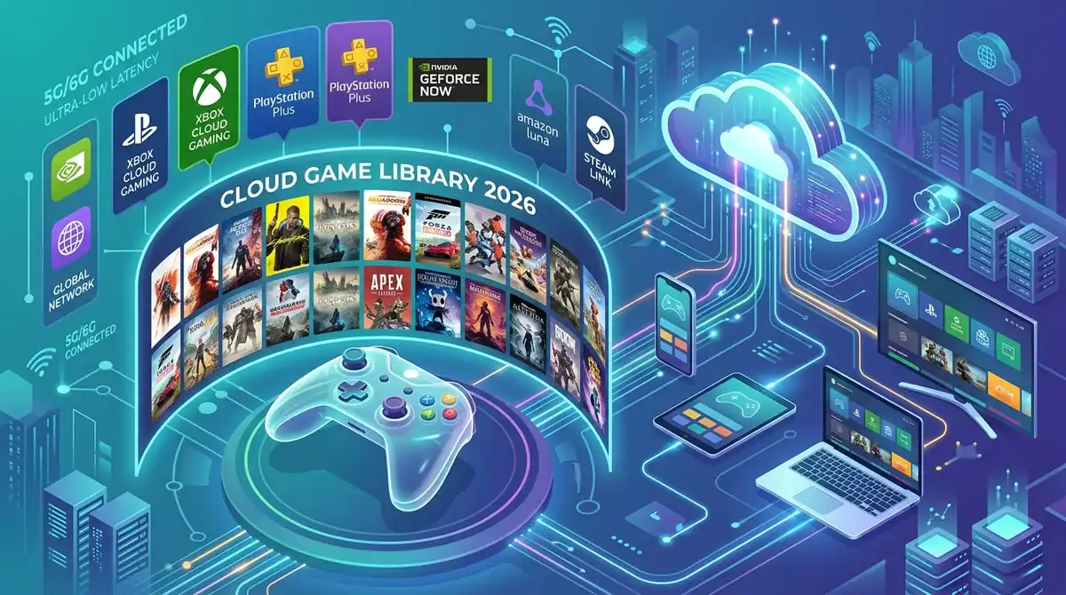 Illustration futuriste du cloud gaming 2026 montrant les services GeForce Now, Xbox et Shadow connectés.