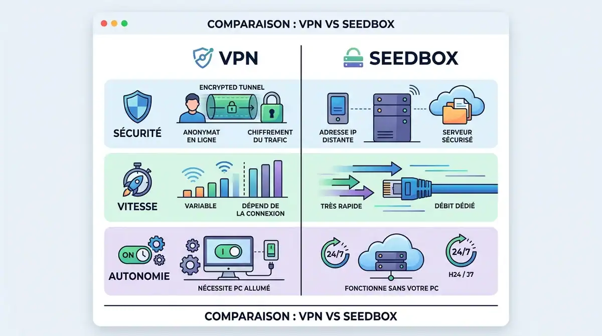 Infographie comparative Seedbox vs VPN : sécurité, vitesse et autonomie pour débuter en 2026.