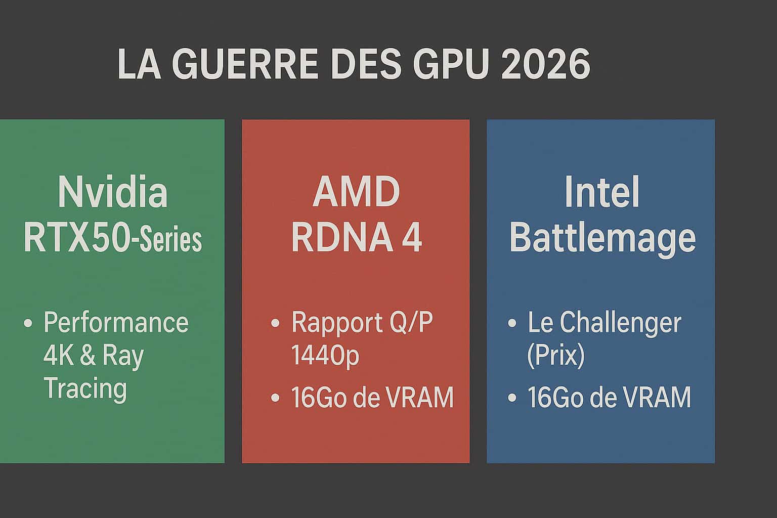 Comparatif des cartes graphiques 2026 : Nvidia RTX 50-Series, AMD RDNA 4, et Intel Battlemage