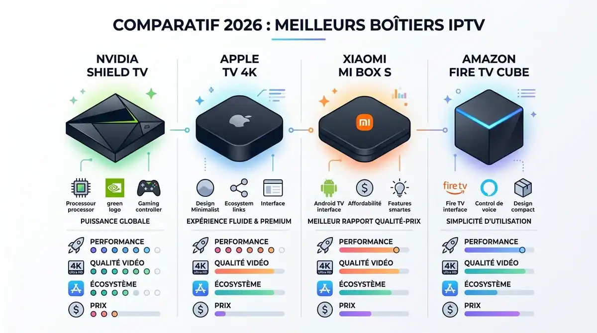 Infographie comparative des meilleurs boîtiers IPTV 2026 : Nvidia Shield, Apple TV, Xiaomi et Fire TV.