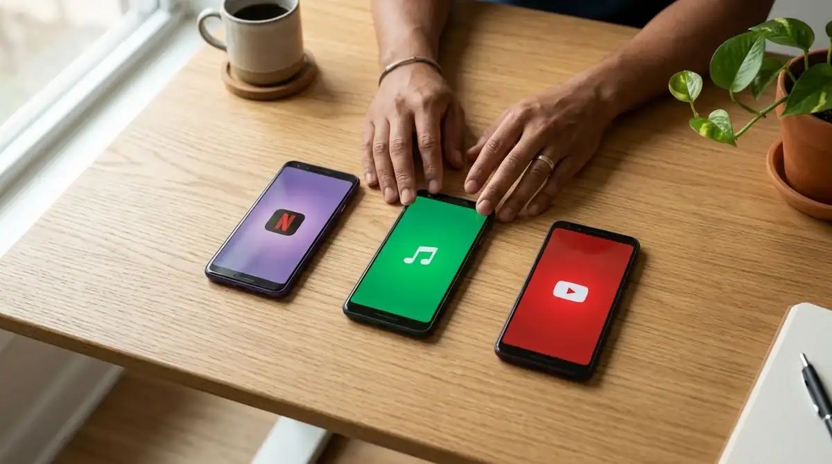 Main posant sur un bureau avec trois smartphones affichant Twitch, Kick et YouTube pour choisir le meilleur stream.