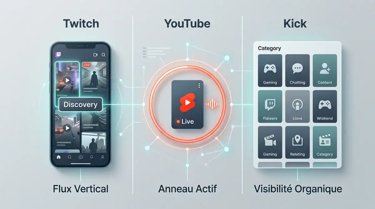 Infographie comparant la découverte de streams sur Twitch, YouTube et Kick : flux vertical, anneau actif et visibilité.