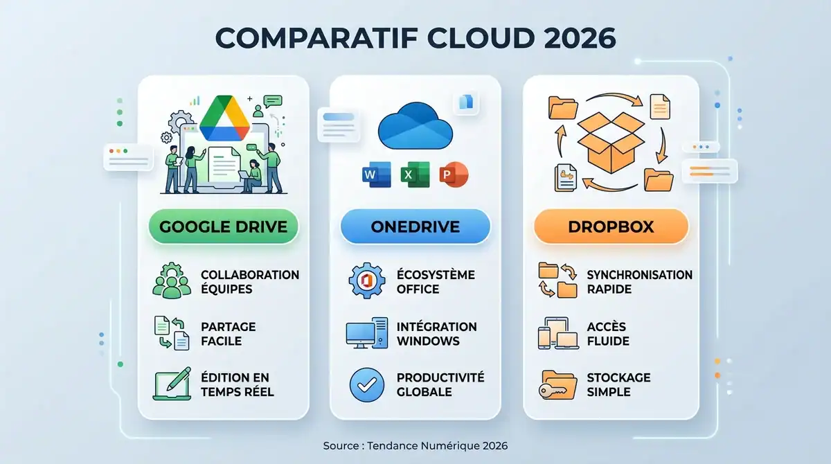 Infographie comparatif cloud 2026 : Google Drive, OneDrive et Dropbox pour collaboration et productivité.