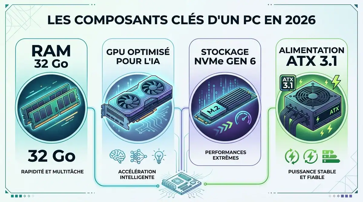 Infographie des composants PC 2026 : 32Go RAM, GPU IA, stockage NVMe Gen 6 et alimentation ATX 3.1.