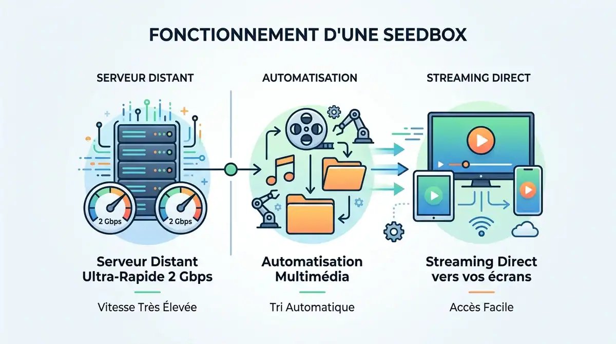 Infographie du fonctionnement d'une Seedbox : serveur 2 Gbps, automatisation multimédia et streaming direct.