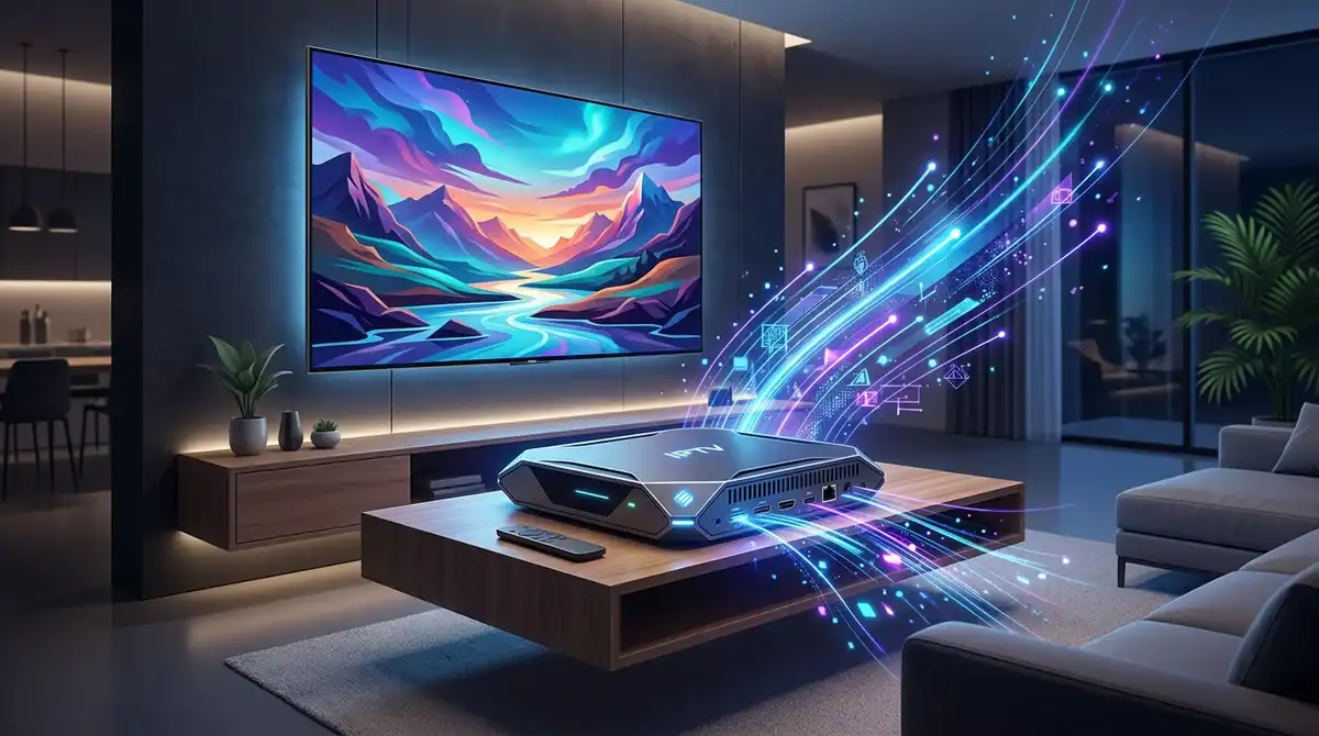 Illustration d'un boîtier IPTV 4K performant dans un salon moderne avec effets de lumière futuristes.