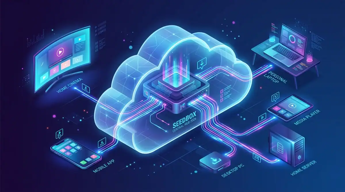 Illustration d'un écosystème Seedbox cloud connectant serveur et appareils multimédias, guide débutant 2026.