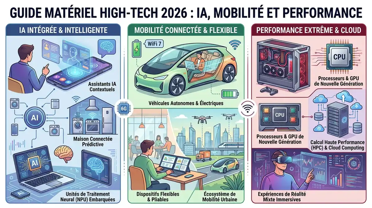 illustration pour l'article Guide matériel high-tech 2026 : IA, mobilité et performance