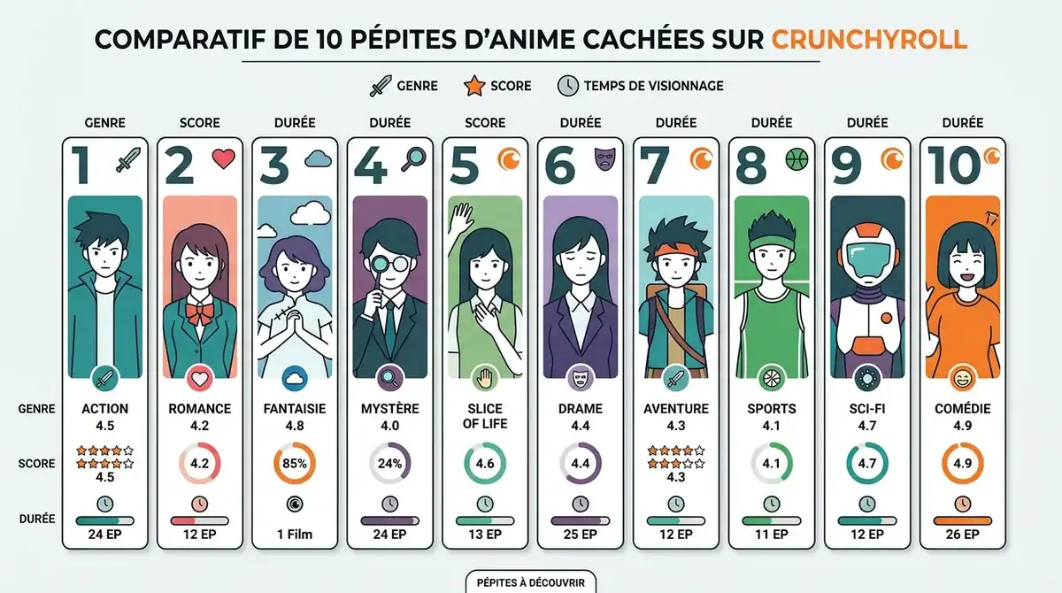 Infographie comparative des 10 pépites d'anime cachées sur Crunchyroll classées par genre, score et durée.