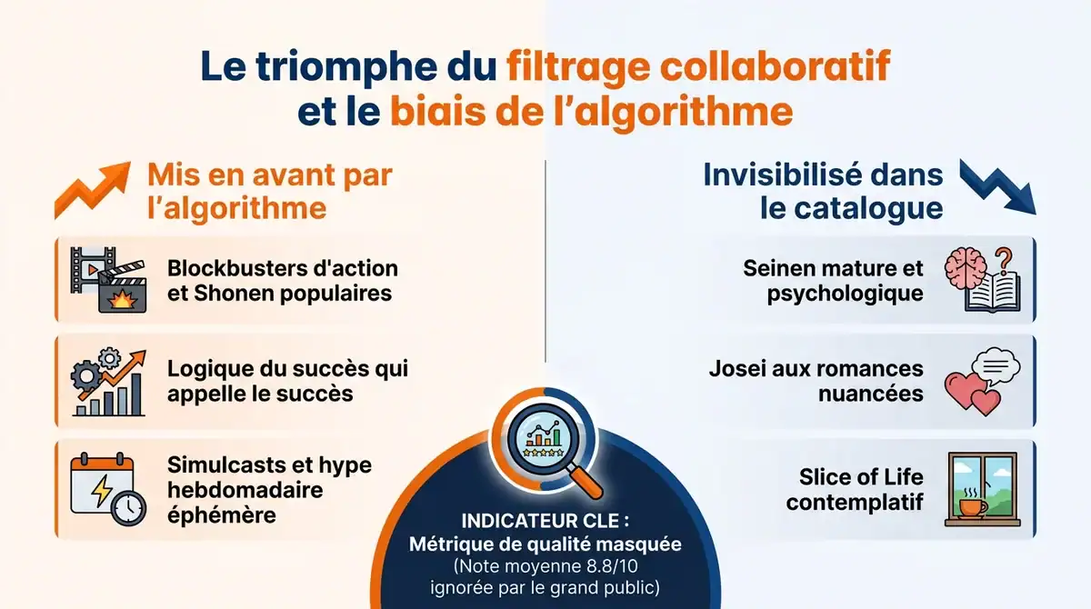 Infographie expliquant comment l algorithme Crunchyroll masque les pepites d anime au profit des blockbusters.
