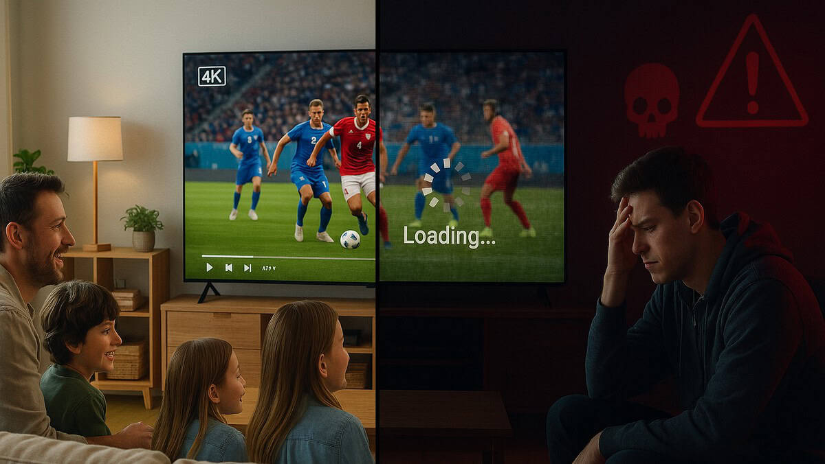 Illustration comparative de l'IPTV légale, montrant une famille heureuse, et de l'IPTV illégale, montrant une personne frustrée par la mauvaise qualité et les risques.