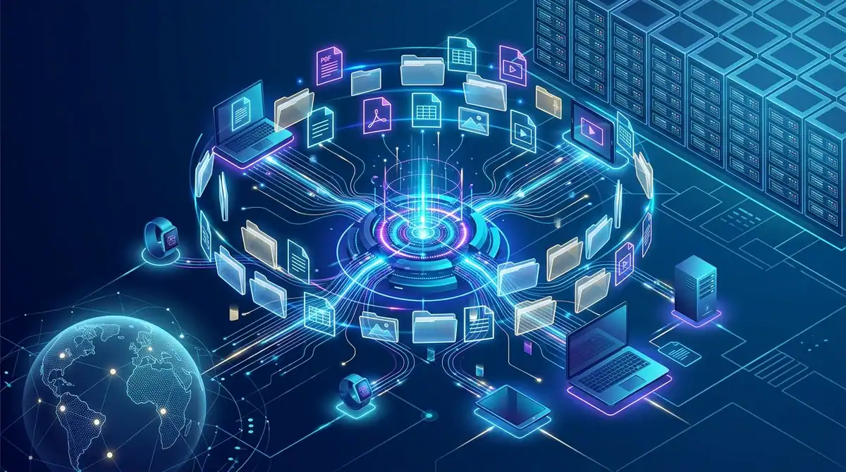 Illustration futuriste d'un écosystème de stockage cloud avec serveurs et flux de données pour le guide 2026.