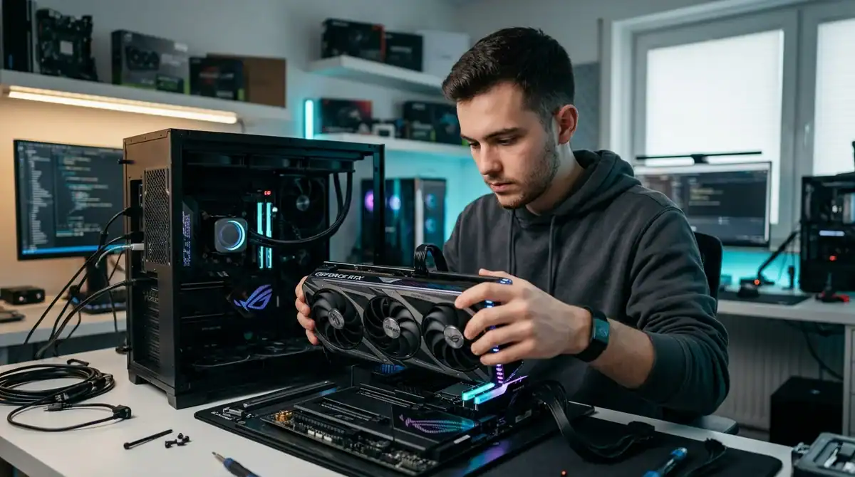 Montage d'un PC performant avec carte graphique moderne, illustration du guide matériel high-tech 2026.
