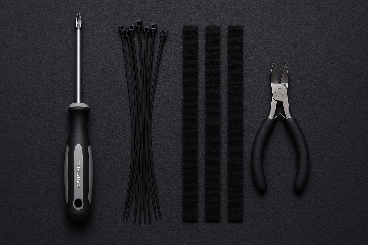 Outils indispensables pour monter un PC : tournevis cruciforme, colliers de serrage et pince coupante