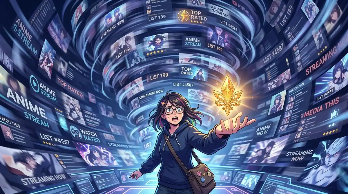 Illustration d'un fan d'anime découvrant une pépite cachée face à l'algorithme saturé de Crunchyroll.