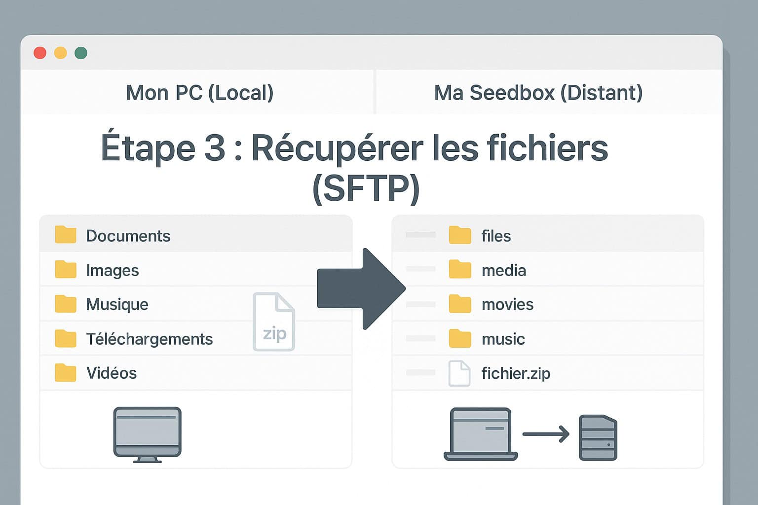 Illustration montrant comment récupérer des fichiers d'une seedbox vers un PC via un logiciel FTP comme FileZilla