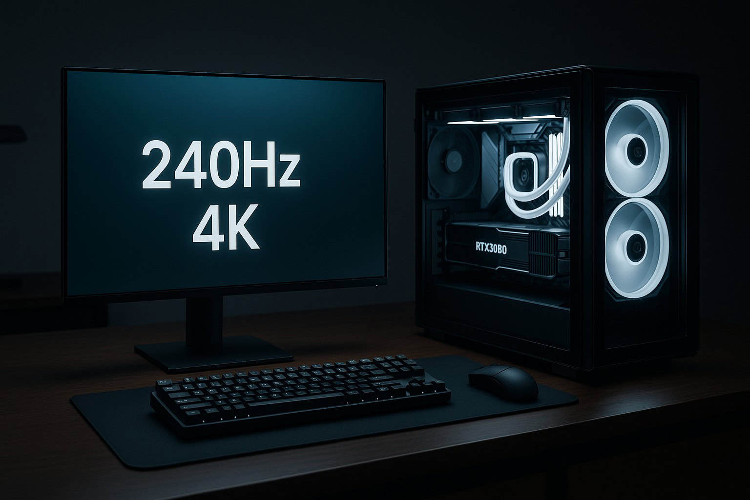 Photo d'un setup gamer complet en 2026 : PC, moniteur QD-OLED, clavier mécanique et souris.