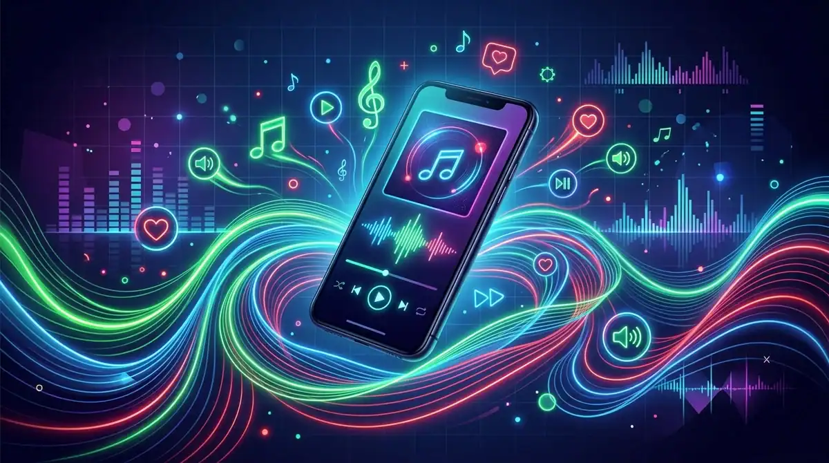 Illustration futuriste comparant Spotify, Deezer et Apple Music pour choisir le meilleur streaming musical en 2026.