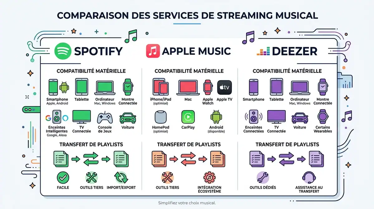 Infographie comparative Spotify, Apple Music et Deezer : compatibilité matérielle et transfert de playlists en 2026.