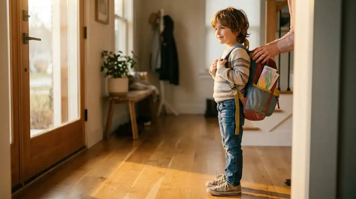 Enfant de 7 ans avec cartable se préparant pour l'école dans une maison lumineuse, assurant sa protection scolaire.