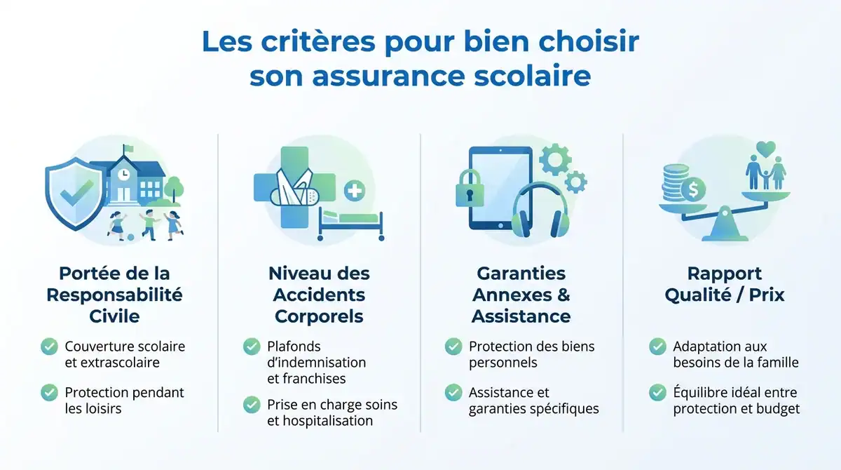Infographie présentant les critères pour choisir la meilleure assurance scolaire et extrascolaire pour son enfant.