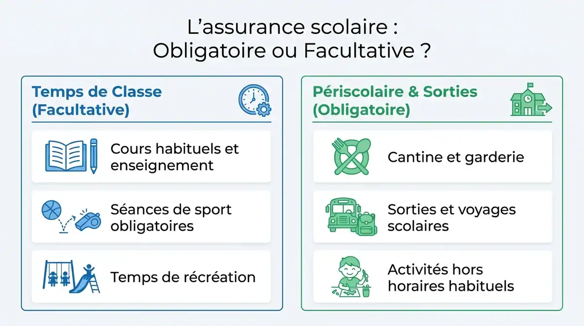 Infographie expliquant quand l'assurance scolaire est obligatoire ou facultative selon les activités scolaires.