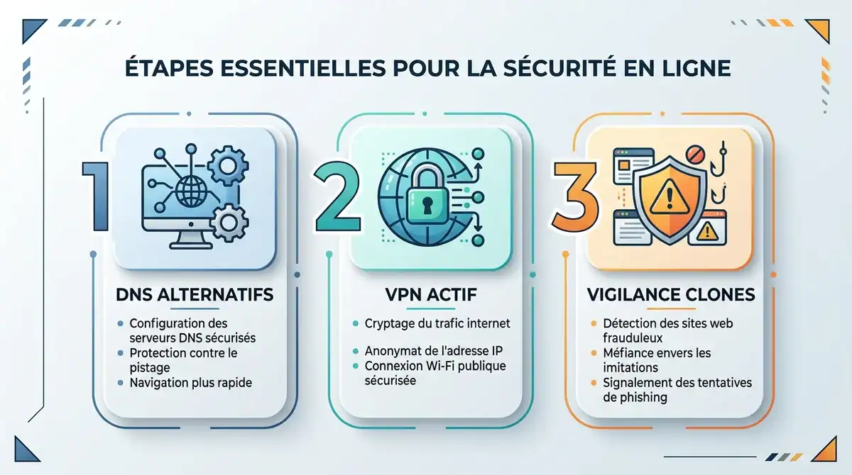 Infographie guide : DNS, VPN et sécurité pour accéder en toute sûreté à la nouvelle adresse Wiflix Flemmix.