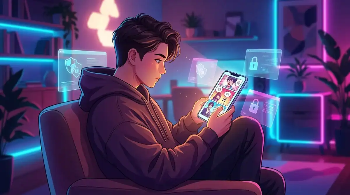 Lecture sécurisée de webtoons sur Epsilon Scan via un smartphone futuriste avec icônes de protection numérique.