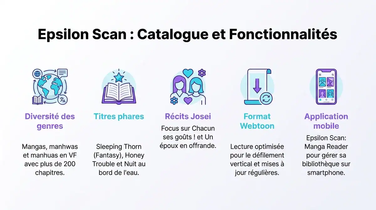 Infographie présentant le catalogue de mangas VF, les genres et l'application mobile Epsilon Scan.