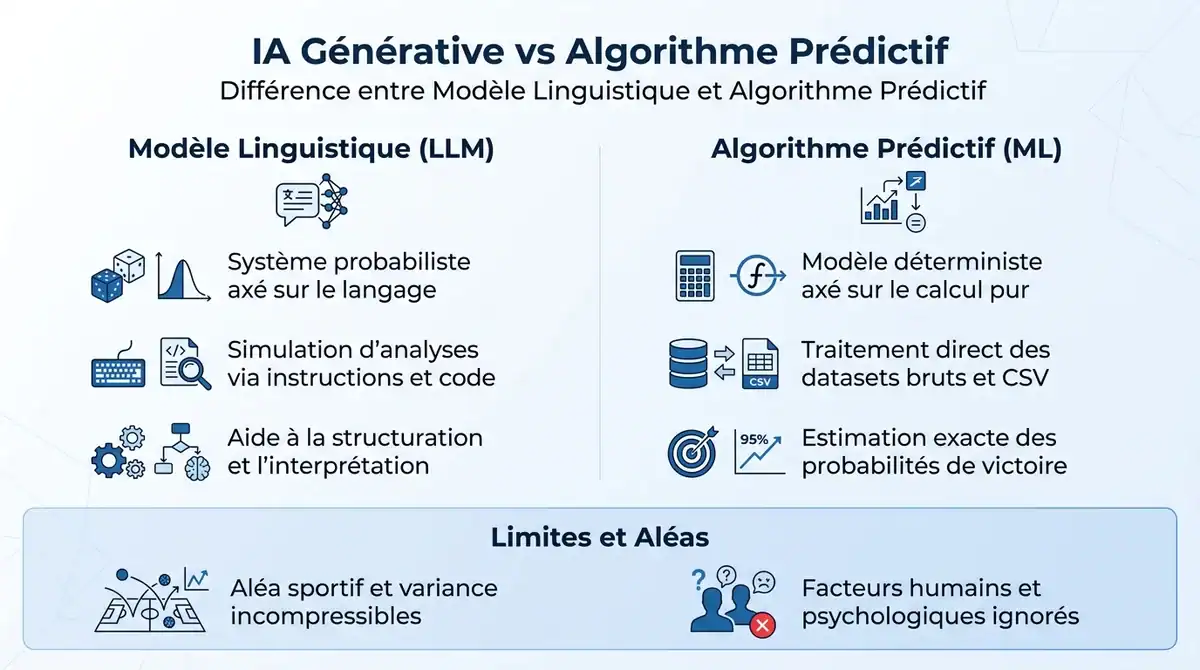 Infographie comparative entre modèle linguistique et algorithme prédictif pour l'analyse des paris sportifs.