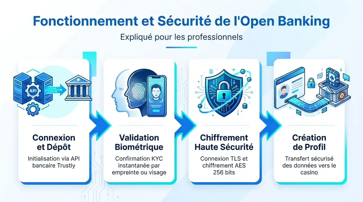 Infographie expliquant le fonctionnement de l Open Banking et la securite des donnees dans les casinos en ligne.