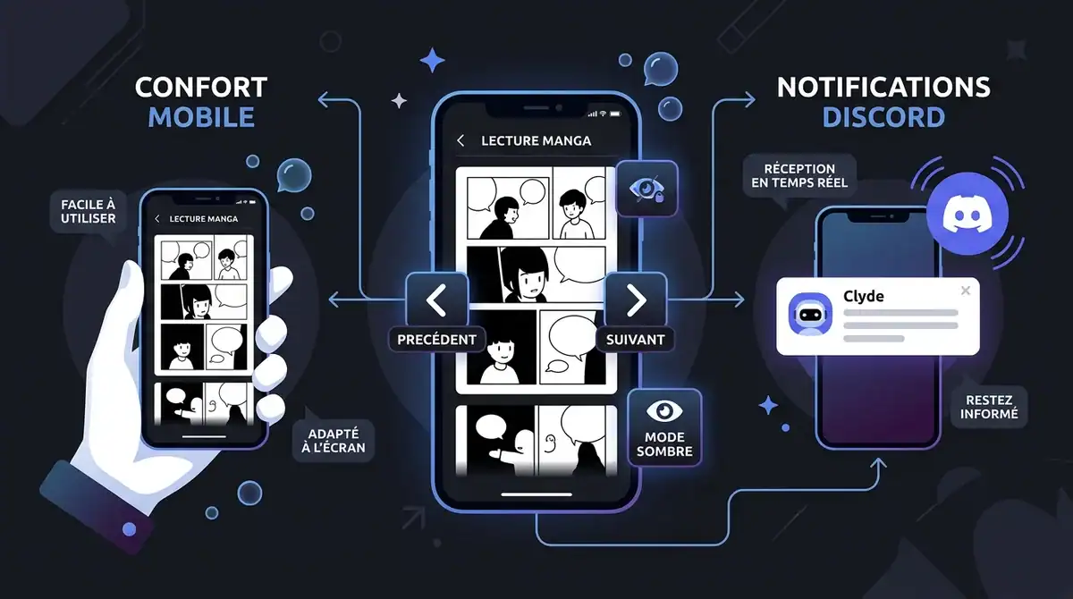 Interface Epsilon Scan : mode sombre, confort mobile et notifications Discord pour lire ses mangas en 2026.