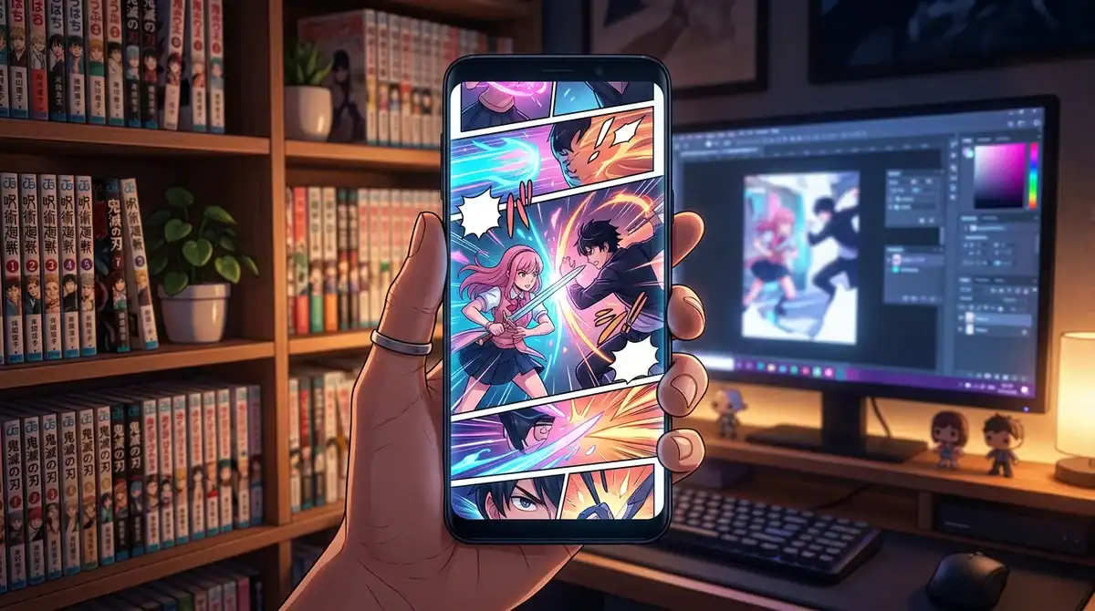 Illustration d'une main tenant un smartphone affichant un manga webtoon coloré pour lecture en ligne gratuite en 2026.