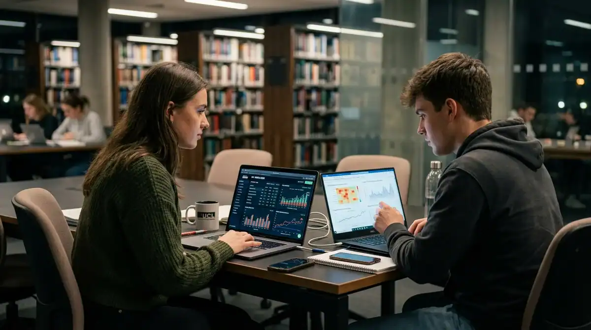 Étudiants analysant des cotes sportives via l'apprentissage supervisé sur ordinateur dans une bibliothèque.