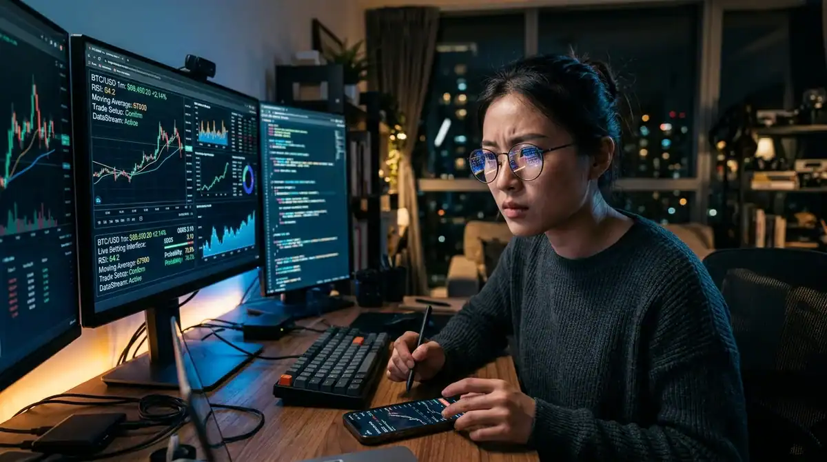 Femme analysant la variance et des graphiques algorithmiques complexes sur des ecrans de donnees haute technologie.