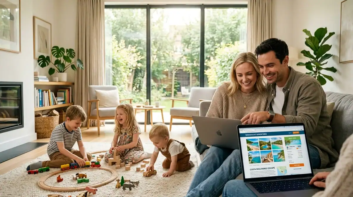 Couple réservant un séjour via Chèque-Vacances Connect sur laptop dans un salon avec leurs enfants.