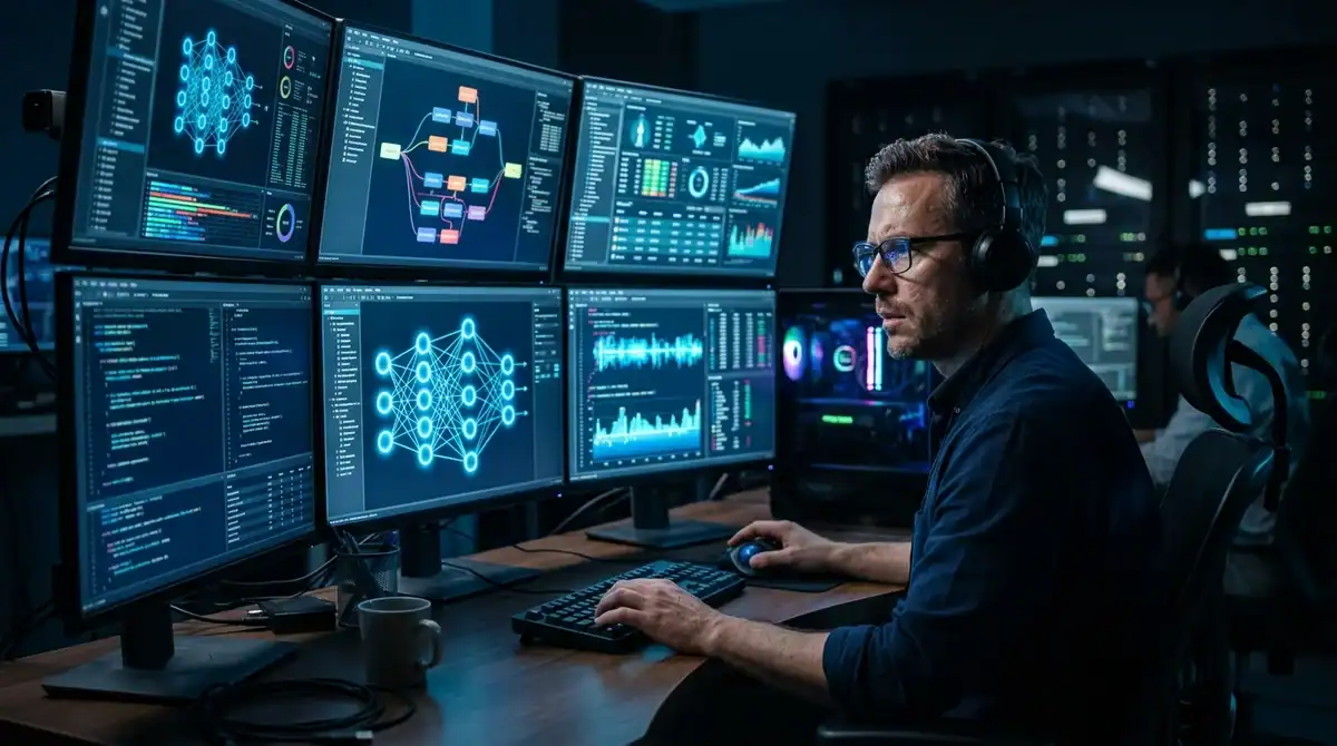 Parieur expert analysant des réseaux de neurones IA illustrant les risques du surapprentissage en paris sportifs.