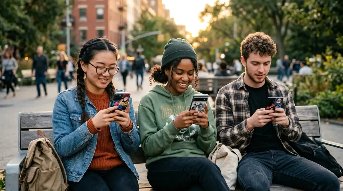 Jeunes adultes lisant des scan manga sur smartphone, guide pratique pour lire vos séries en ligne en 2026.