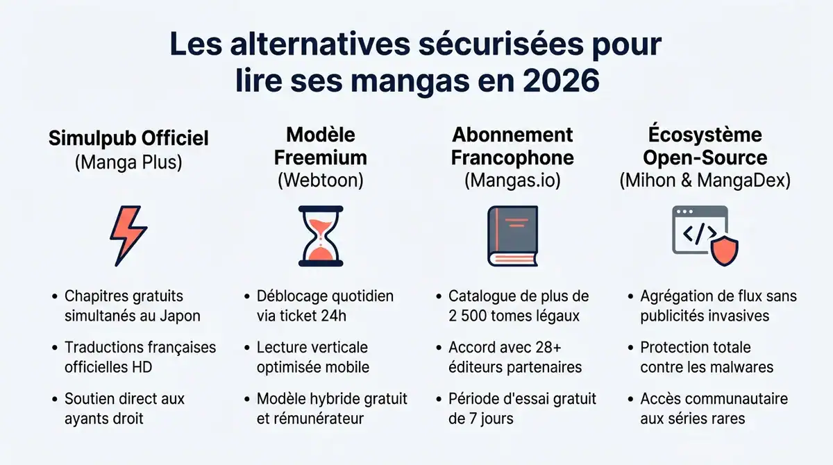Infographie comparative des plateformes légales et sécurisées pour lire des scans manga en 2026.