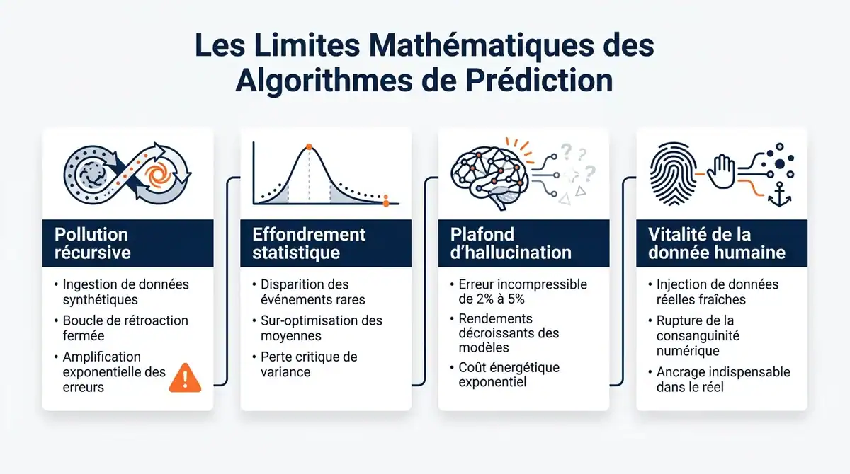 Infographie expliquant les limites mathématiques de l'IA, l'effondrement des données synthétiques et les hallucinations.