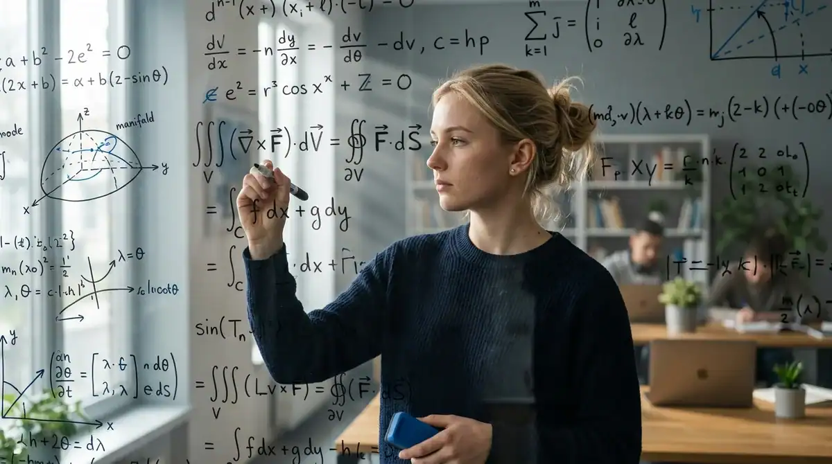 Mathématicienne analysant des formules complexes sur un tableau de verre pour explorer les limites des prédictions.