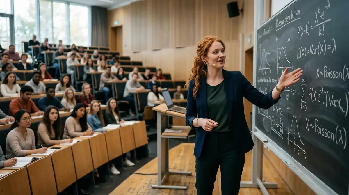 Doctorante expliquant le modèle de Poisson et les probabilités de scores de matchs sur un tableau de mathématiques.