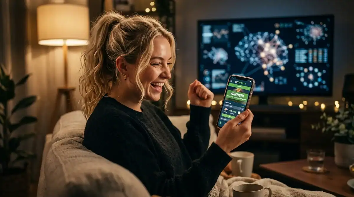 Parieuse débutante fêtant un gain avec smartphone devant un écran illustrant des réseaux de neurones.