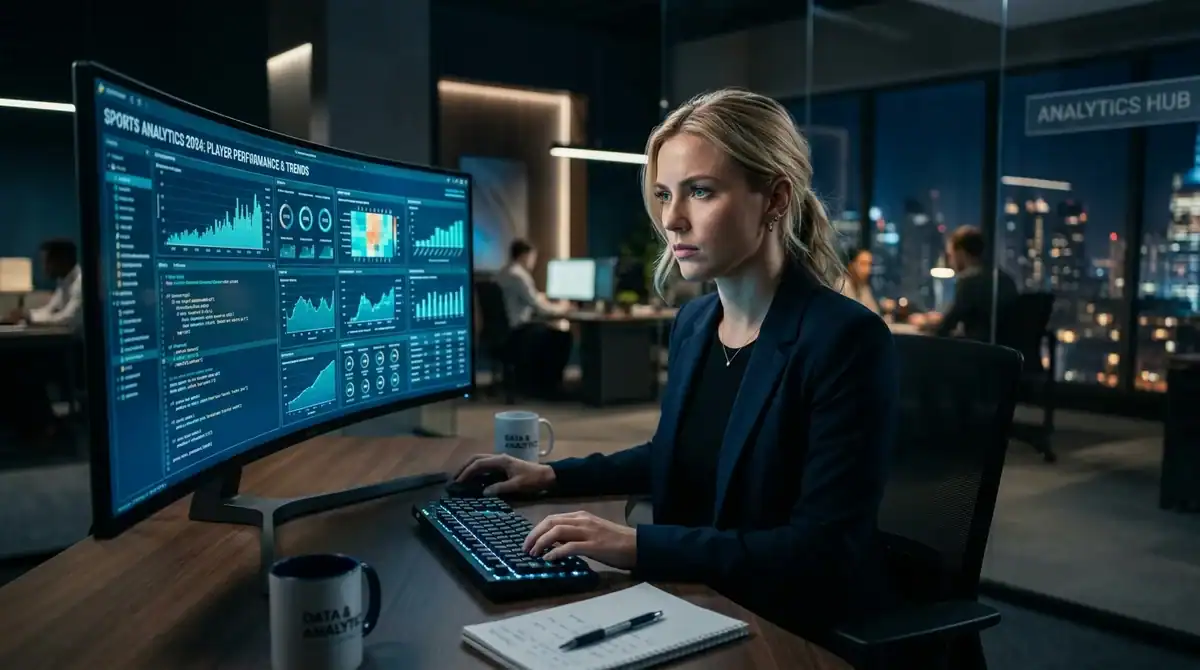 Femme analysant des algorithmes et données de paris sportifs sur écran géant dans un bureau moderne.