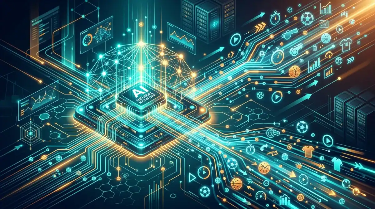 Illustration d'un réseau IA traitant des données d'API de résultats sportifs en temps réel, style tech futuriste.