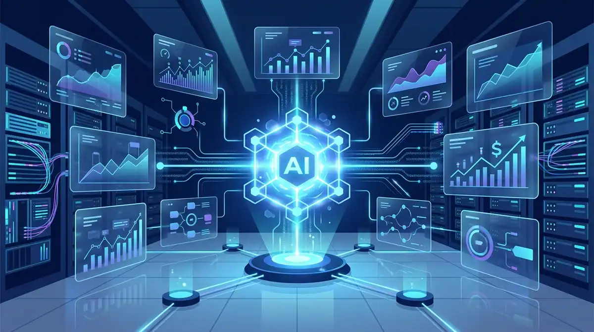 Illustration d'automatisation des statistiques en 2026 avec IA, graphiques dynamiques et flux de données en temps réel.