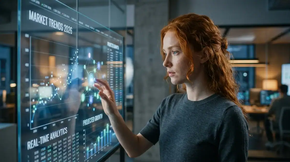 Femme rousse devant un écran futuriste affichant des statistiques automatisées en temps réel dans un bureau en 2026.