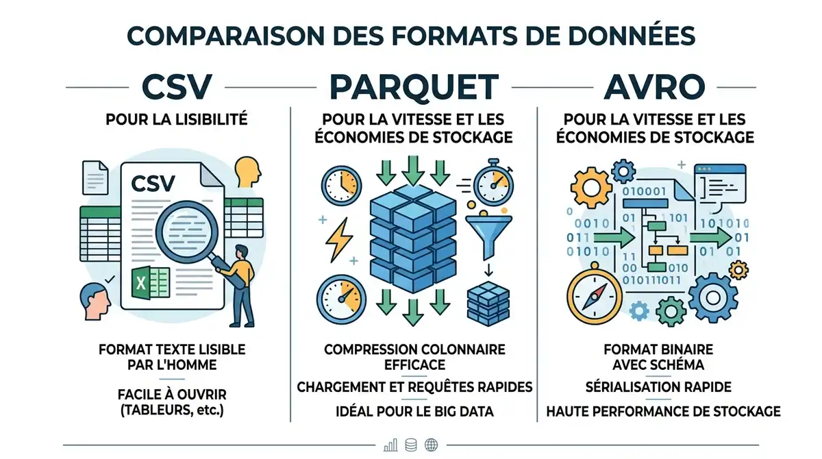 Infographie comparant CSV, Parquet et Avro pour la performance et le stockage en apprentissage automatique.