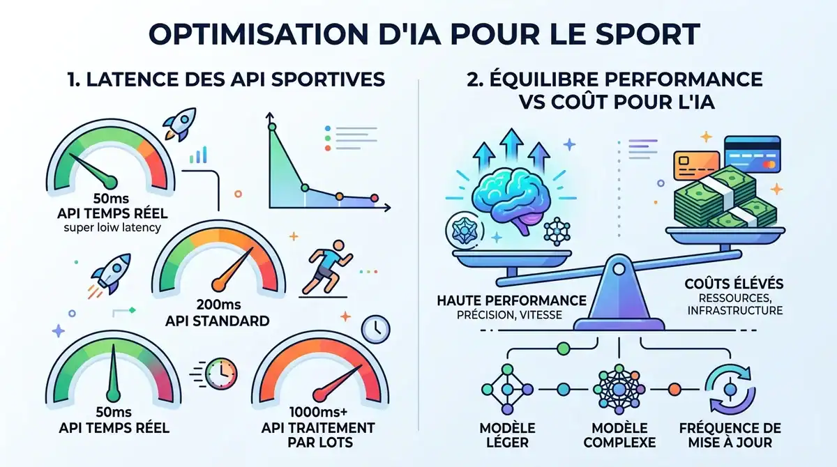 Infographie comparant la latence, le coût et la performance des API de sport pour l'entraînement d'IA.
